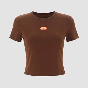 Cider Brown T Shirt SMALL Womens Cropped Fitted Apple Graphic